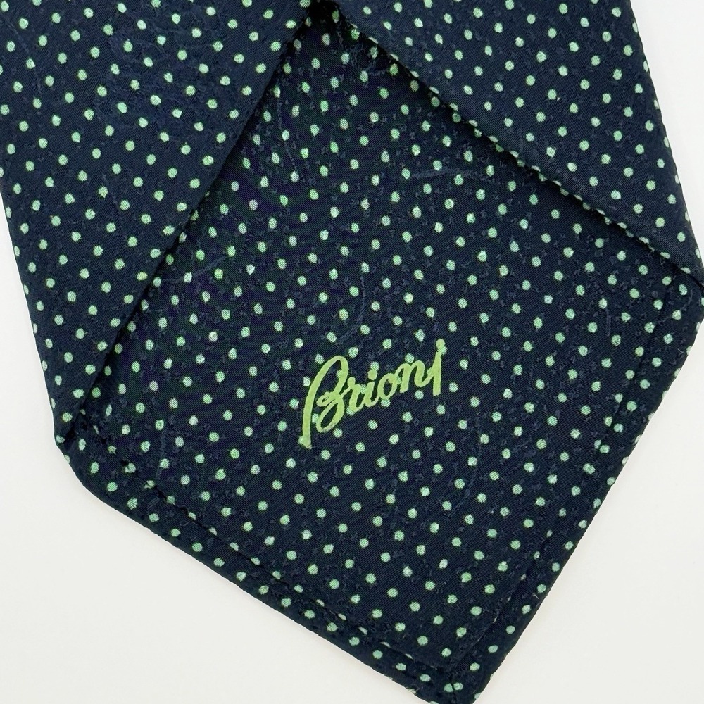Vtg Brioni Silk Tie Navy/Green Micro Dot Gold Bar Tack Italian Luxury 4"x60"